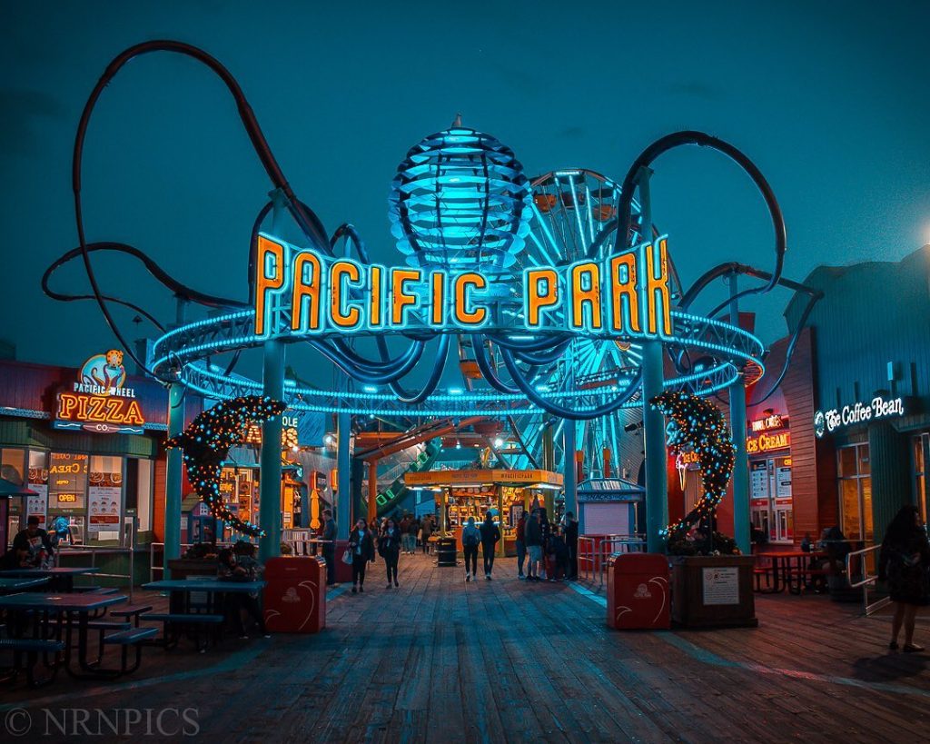 Pacific Park entrance at night