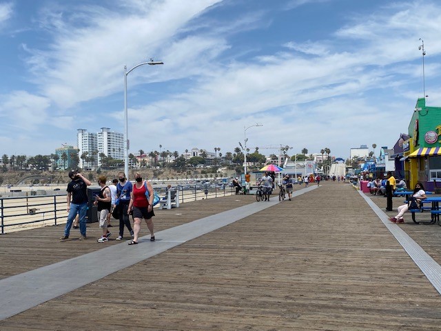 Visitors in face masks on the Santa Monica Pier.