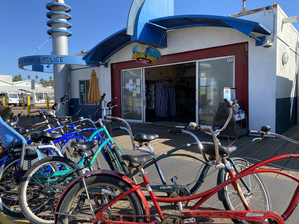 Bicycles outside Blazing Saddles Bike Rental on the Santa Monica Pier