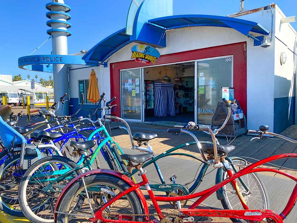 Bicycles outside Blazing Saddles Bike Rental on the Santa Monica Pier