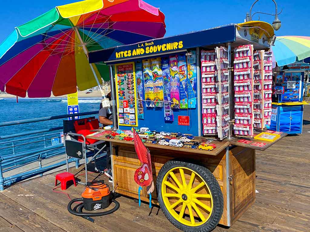 Beach kites and souvenirs cart on the Santa Monica Pier