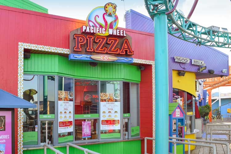 Exterior of Pacific Wheel Pizza Company restaurant on the Santa Monica Pier