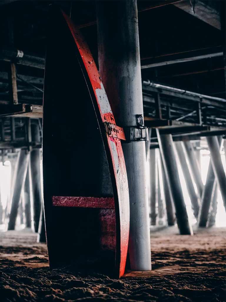 Boat artwork installation under the Santa Monica Pier