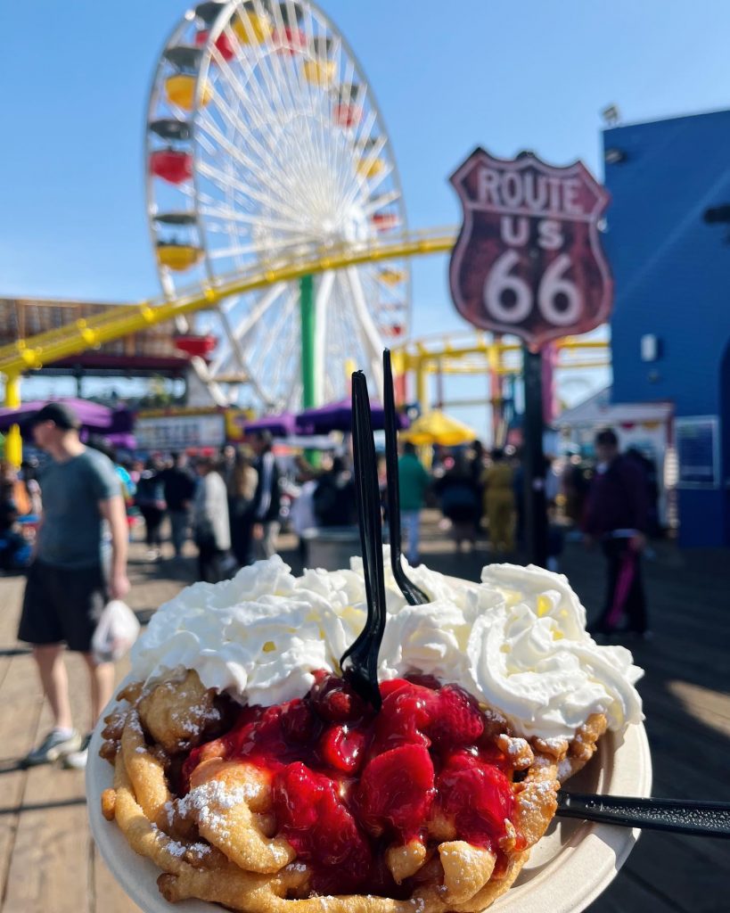 strawberry funnel cake on the santa monica pier pacific park