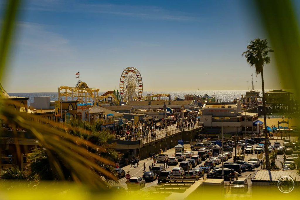 the santa monica pier at sunset