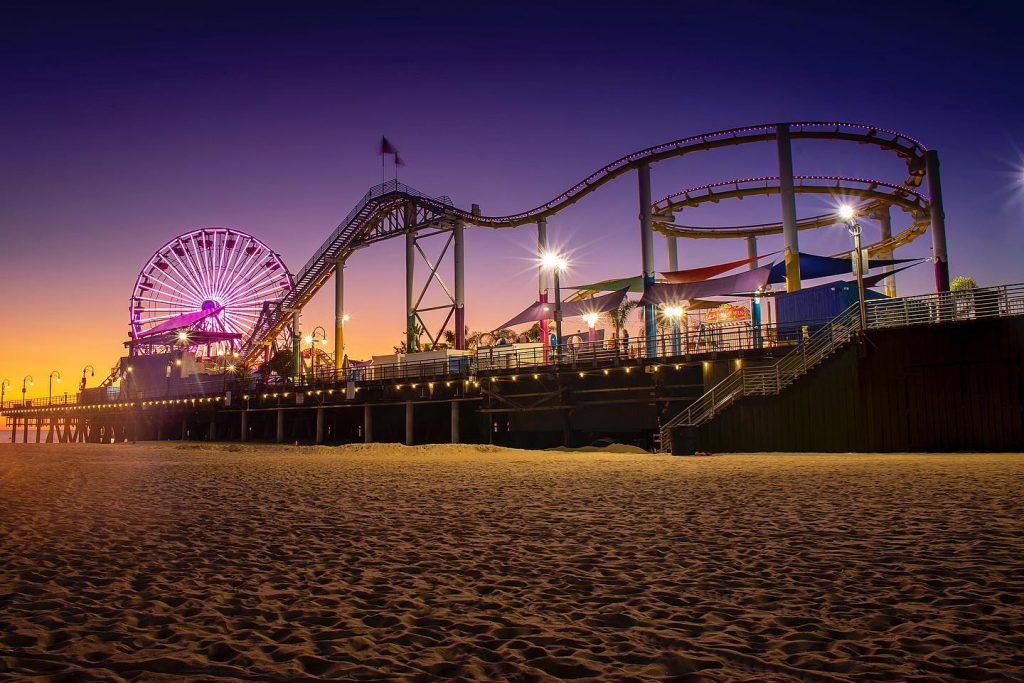 pink wheel lighting on the santa monica pier ferris wheel