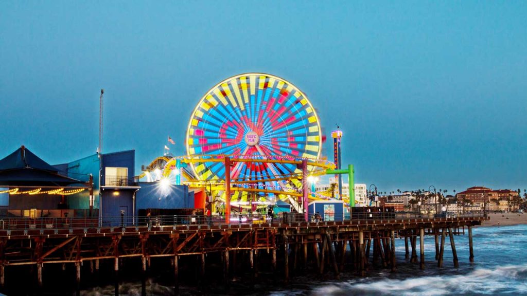 The words "Love You" displayed in a heart on the Pacific Wheel in Santa Monica for Valentines Day